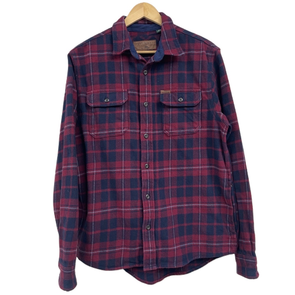 Orvis Burgundy Navy Plaid Long Sleeve Heavy Flannel Casual Shirt Size Medium